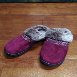 Isotoner furry slip on slippers house shoes with hard no skid bottoms flats